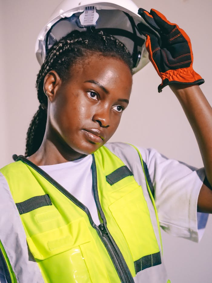 African American woman engineer in PPE and safety gear adjusting hard hat.